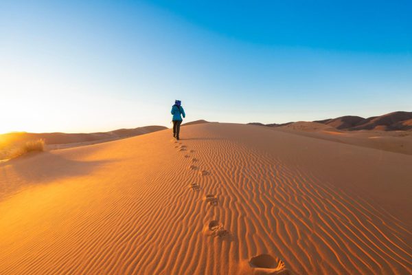 desert-walikng toward the sunset